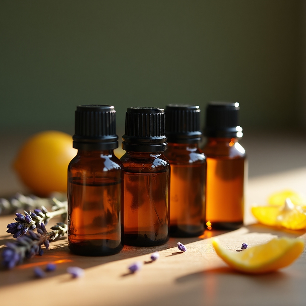 Botellas de aceites esenciales naturales usados para aromatizar las velas